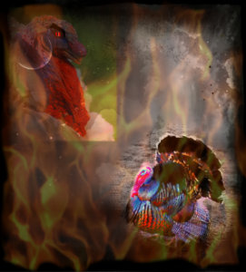 demonic turkeys with overlaid flames